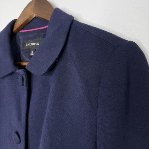 Talbots Blazer Womens 10 Navy Button Front Stretch Lined Peplum Peter Pan Collar - Picture 2 of 7